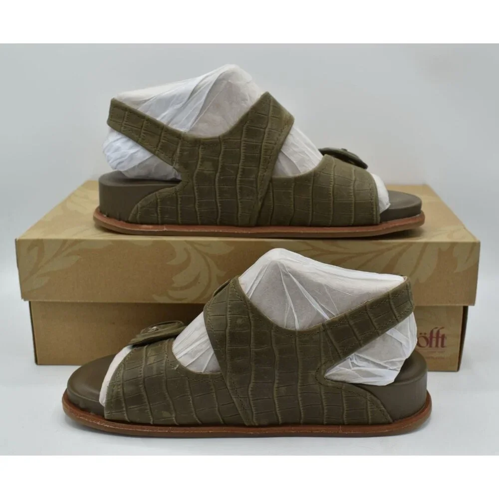 Sofft Women Size 7.5 Adalia Pale Olive Buckle Suede Croc Embossed Leather Sandal